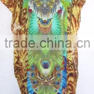 DIGITAL Print Crepe Crystal Long Kaftan CAFTAN Tunic Poncho Blouse KURTA thumbnail-1