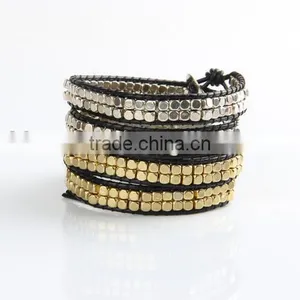 Handmade Small Cooper Beads Wraps Leather Bracelets Mens Halloween Metal Beads Leather Braid Bracelets for 2016 Promotional Gift thumbnail-4