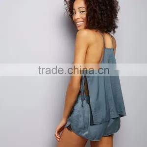 New Arrival Straps Nightwear Pink Sateen Eyelash Lace Pyjamas Set Vest and Shorts Casual Fit Sleepwear For Women thumbnail-5