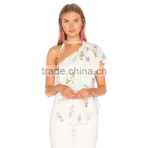 Choker Design Chiffon Top Floral One Shoulder Lady Blouse thumbnail-4