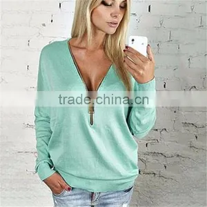 Sexy Deep V-neck Zipper Bat Sleeve Long Sleeve T-shirt Woman Who Dress Dress thumbnail-6