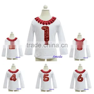 Polka Dots Collar Bling Red Number 1 2 3 4 5 6 White Long Sleeves Top thumbnail-1