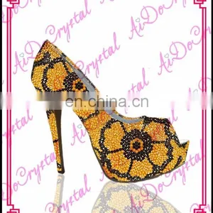 Aidocrystal Handmade Shining Yellow With Black Flower Pattern High Heel Shoes for Ladies Evening Party Peep Toe thumbnail-1