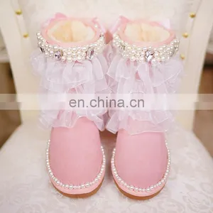 Aidocrystal Women Pink Big Size Models Shoes Sweet Bling Pearls Net Yarn Ankle Boots With Bowknot for Girls thumbnail-1