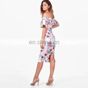 Newest Women Clothes Frill Sleeve Print Floral off Shoulder Midi Dress thumbnail-2