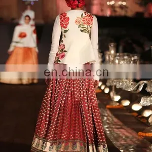 Ivory Top and Red Brocade Lengha Set thumbnail-2