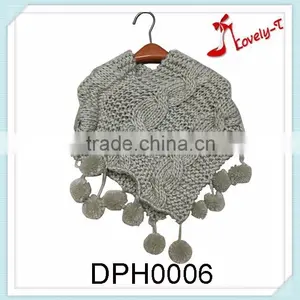 Wholesale Lovely T Fashion Knitted Winter Girls Shawl Scarf Poncho Sweater With Ball of String thumbnail-1