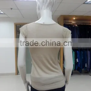 Ladies v Neck Short Sleeve 100%linen Like Knitwear With Chiffon Lace Placket thumbnail-2