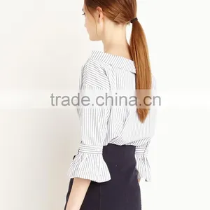 Women's Bell Sleeve Stripe Pattern Round Neck Pleated Blouse thumbnail-3