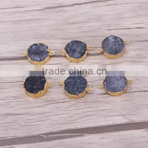Black Druzy Quartz Stone Connector Beads, Round Shape Gold Plated Crystal Drusy Beads For Jewelry Making thumbnail-3