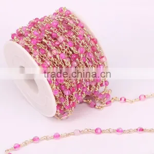 Rose Red Agate Faceted Round Bead Chain, Gold Wire Wrapped Rosary Chain Necklace Jewelry Findings thumbnail-2