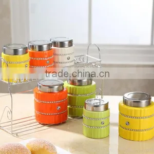 Kitchenware Useful Ceramic Canister Set With Stainless Metal Stand thumbnail-3