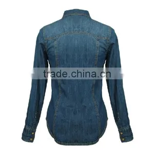 Top Fashion Perfect Cut Ladies Botton Open Denim Blouse With Long Slee thumbnail-2