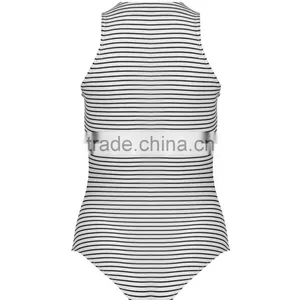 2016 New Fashion Lace Up Front Sleeveless Bodysuits Young Girl Black White Stripe Women Tops thumbnail-3