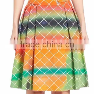 2016 Express Multi Color A-line High-Rise Waist Pleated Cotton Net-Print Midi Knee Length Skirt thumbnail-3