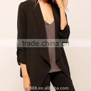 High Fashion Women Black Ruched Sleeve Blazer thumbnail-2