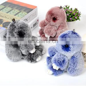100% Real Wholesale Bunny Keychain Rex Rabbit Fur Pom Pom Keychain thumbnail-6