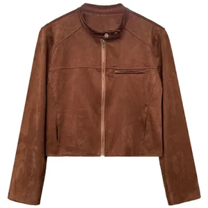 Luxi Early Autumn New Retro Stand up Collar Buckle Suede Jacket Women's Hong Kong Style Short Motorcycle Jacket Top thumbnail-1