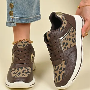 Buckskin Leopard Patchwork Lace Up Flat Sneakers White Mesh Color Block Patchwork Lace-up Sneakers Wholesale Women Running Shoes thumbnail-2