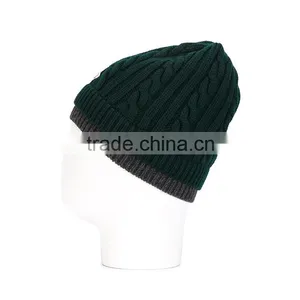 Dark Green Virgin Wool Cable Knit Beanie With a Front Patch Logo thumbnail-3