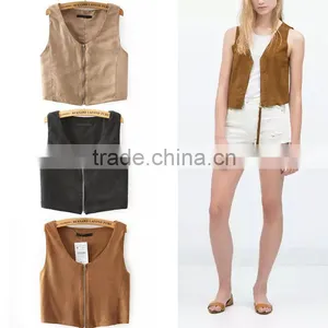 Trendy Retro Full Zip Faux Suede Sleeveless Bodycon Short Crop Vest Tank Jacket Top thumbnail-1