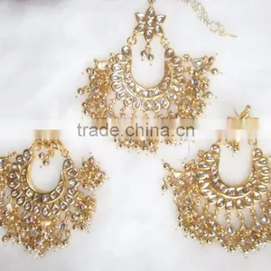 Kundan Jadau Earring Tikka Gold Plated Chand Bali Set thumbnail-4