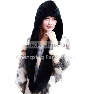 CX-C-188 Hat And Scarf Pattern Knitted Rabbit Fur One Piece Hat And Scarf thumbnail-1