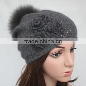Myfur Elegant Women Flower Cashmere Wool Knit Beanie With Soft Fox Fur Pom Pom thumbnail-1
