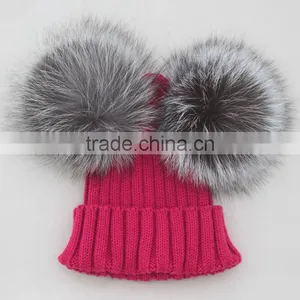 Myfur Bright Orange Wool Beanie With Detachable Double Real Silver Fox Fur Pompoms thumbnail-2