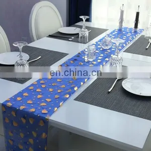 2015 Most Popular Home Textile Bronzing Gold Heart Pattern On Organza Nnavy Blue Table Runner thumbnail-1