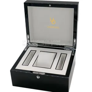 Custom Printing Logo Matte Black Wooden Watch Display Box With Booklet Slot Wooden Engraved Mens Watch Box Case thumbnail-2