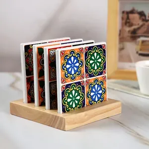 Sublimation Blank 10cm Square Ceramic Coaster With Wooden Holder Tableware Pad thumbnail-1