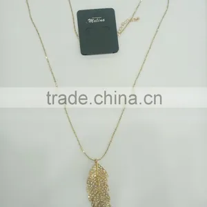 FASHION LEAF PENDANT LONG NECKLACE WITH CRYSTAL STONES thumbnail-1