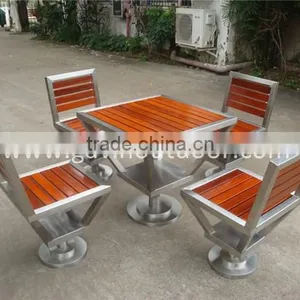 Stainless Steel and Wooden Outdoor Table Chair With Umbrella thumbnail-2