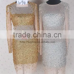 Stunning Sexy Heavy Beaded Long Sleeve Knee Length Round Neck Elegant Yellow Gold Bridesmaid Dresses thumbnail-6