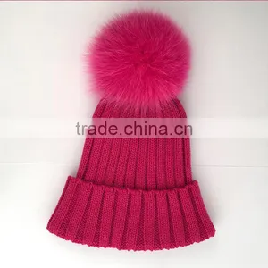 Myfur Hot Pink Rose Winter Wool Knit Hat With Fox Fur Pompom Attached thumbnail-2