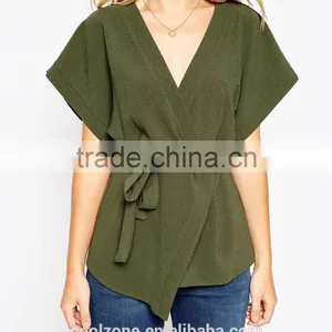 Wholesale Wide-cut Cuffs Wrap Design Lady Blouse,fashion Belted Blouse 2016 thumbnail-4