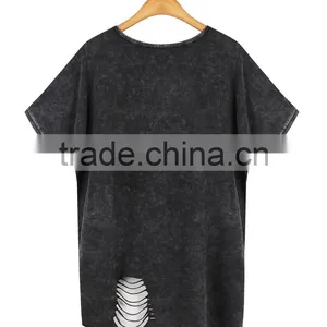 Women's Hollowed-out Short Sleeve Washed Vintage 100% Cotton t Shirt With Rivets thumbnail-2