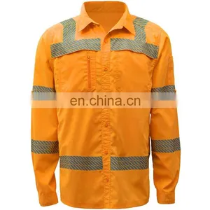 100% Cotton Mens Button Down Collar Business Fit Work Cargo Shirt With Reflective Bands thumbnail-2