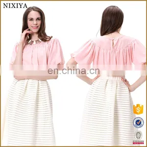 Women's Pleated Puff Sleeve 2016 Chiffion Tops Fitted Fashion Shirt thumbnail-1