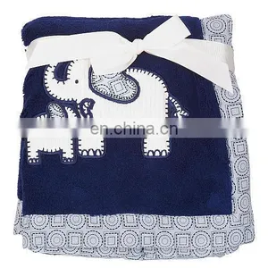 Navy Blue Double Ply Coral Fleece Fabric Selimut Jumbo Elephant Applique Bayi Blanket thumbnail-1