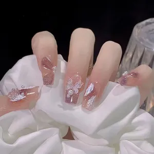 Foreign Trade European and American Red Ballet Nail Glitter French Butterfly Solid Color Nail Art Press on Nails thumbnail-2