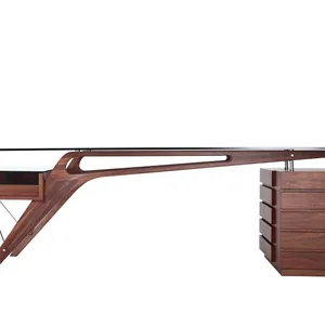 Mid Century Cavour Replica Designer Office Desk Solid Walnut Wood Clear Tempered Glass Top Executive Writing Desk thumbnail-1