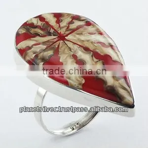 Coral Red Earth Tones Spider Shell Ring Drop Shaped Silver thumbnail-1