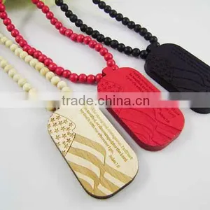 Hip-Hop Good Quality US Army Dog Tag Pendant Wooden Beaded Rosary Necklaces thumbnail-1