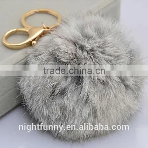 No Dye Grey Cute Genuine Rabbit Fur Ball Pom Pom Keychain for Car Key Ring Bag Pendant thumbnail-1
