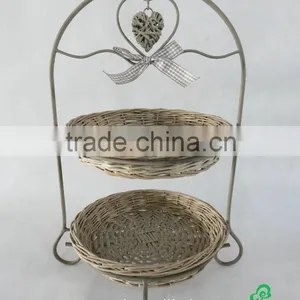 Two Tier Rustic Metal Stand With Wicker Plate and Wicker Heart and Ribbon Bow Decorated (46H-097) thumbnail-2