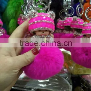 Wholesale New Designs Cute Multicolor Rhinestone Monchhichi Doll Rabbit Fur Ball Keychain thumbnail-3