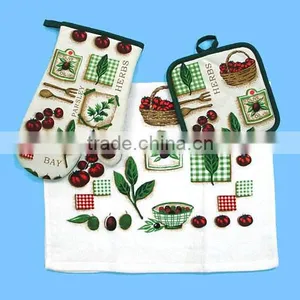 3 Pcs Pigment Print Cotton Towel Set Cotton Pot Holder Oven Mitten Set thumbnail-3