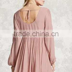 Woman Long Vented Sleeve Scoop Neck Self-Tie Back Stripe Chiffon Emroidered On the Front Dress thumbnail-4